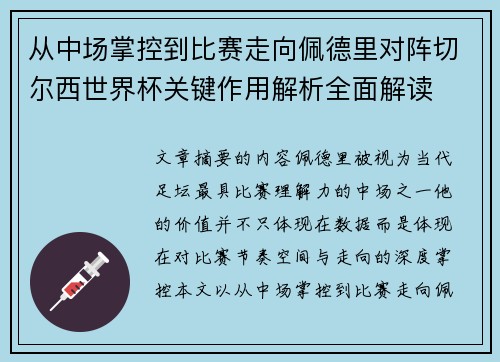 从中场掌控到比赛走向佩德里对阵切尔西世界杯关键作用解析全面解读