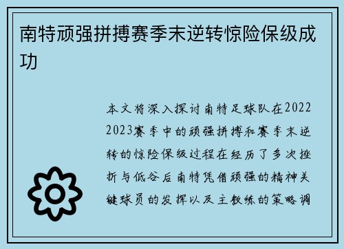 南特顽强拼搏赛季末逆转惊险保级成功 南特顽强拼搏赛季末逆转惊险保级成功