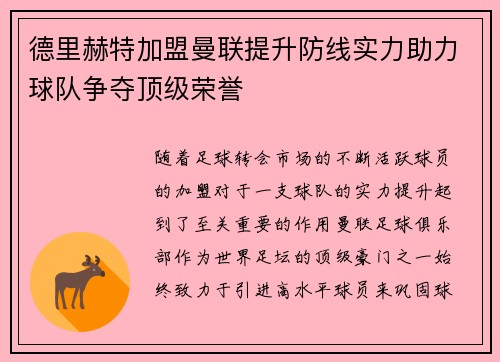 德里赫特加盟曼联提升防线实力助力球队争夺顶级荣誉 德里赫特加盟曼联提升防线实力助力球队争夺顶级荣誉